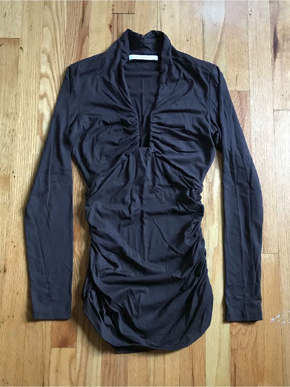 Susana Monaco Brown Ruched Square Neck Long Sleeve Top Medium